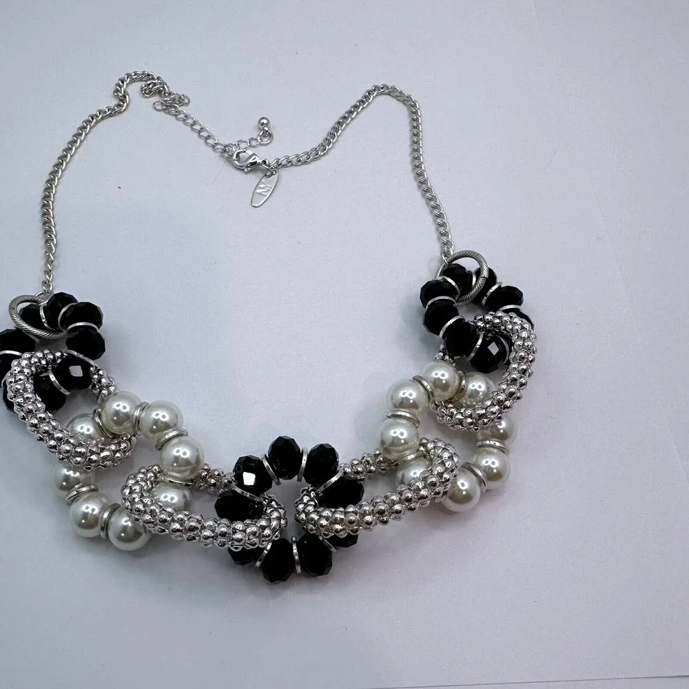 New York & Company Silver Tone Faux Pearl Black Beaded Bib‎ Statement Necklace